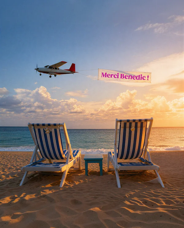 Deux transats sur une plage au coucher du soleil avec un avion tractant une bannière Merci Benedic